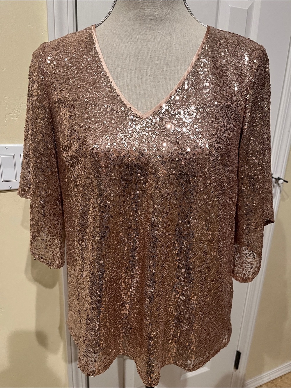 Roz & Ali Rose Gold Sequin V-Neck Top